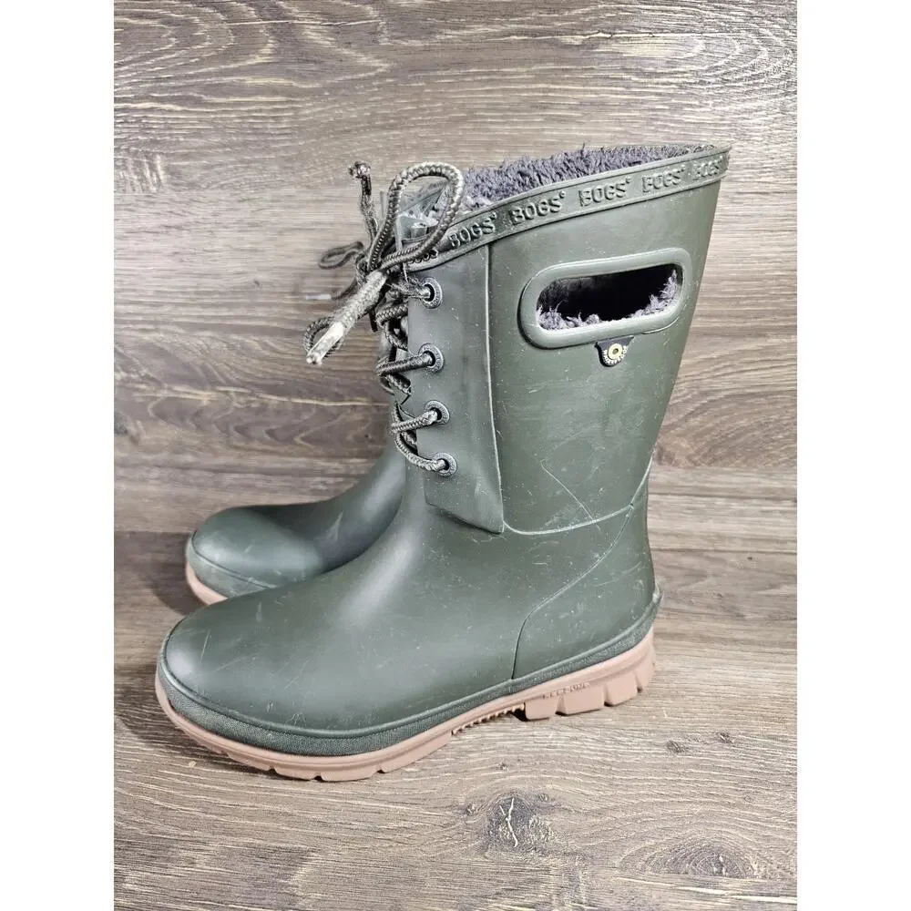 Bogs Amanda Plush Lace Up Waterproof Winter Rain Boots Green Womens Size 6